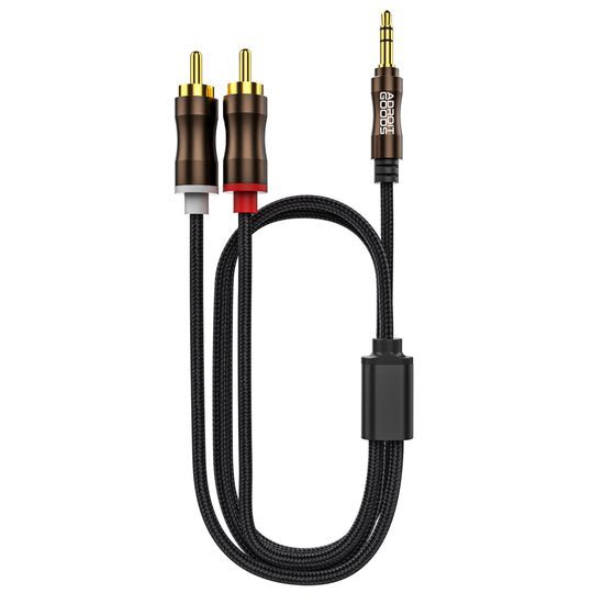 Zwarte audiokabel met gevlochten omhulsel en twee RCA-connectoren en een 3,5 mm stekker