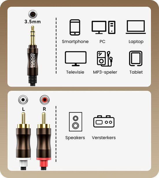 Zwarte audio-adapter met 3,5mm jack en RCA-connectoren geschikt voor diverse apparaten zoals smartphone en versterker.