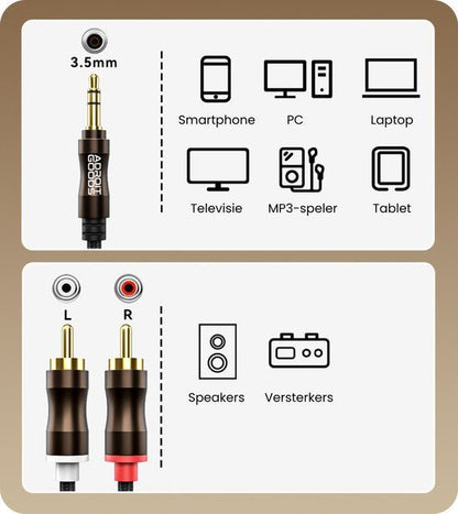 Zwarte audio-adapter met 3,5mm jack en RCA-connectoren geschikt voor diverse apparaten zoals smartphone en versterker.