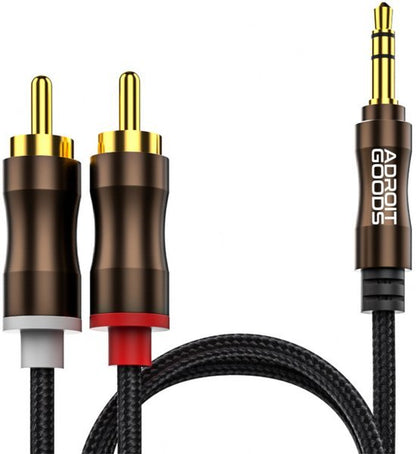 Zwarte gevlochten kabel met goudkleurige 3,5mm naar rode en witte tulpstekkers van AdroitGoods