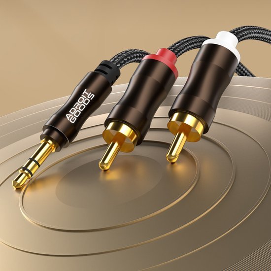 3,5 mm audiojack en rode en witte RCA-connectoren met gouden uiteinden en zwarte kabels
