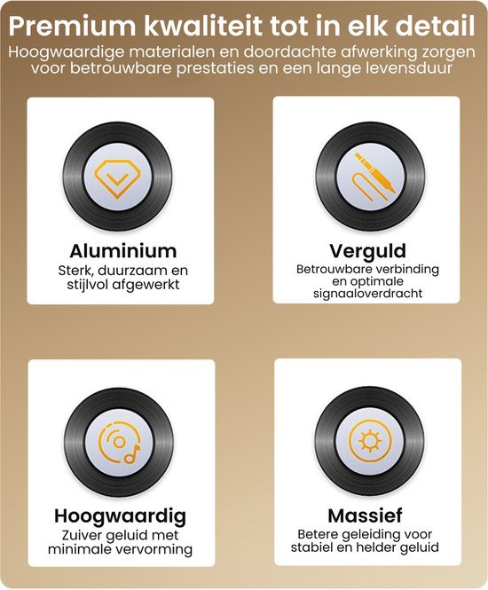 Premium kwaliteit met aluminium, vergulde verbinding, hoogwaardig geluid en massief ontwerp details