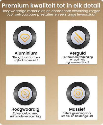 Premium kwaliteit met aluminium, vergulde verbinding, hoogwaardig geluid en massief ontwerp details