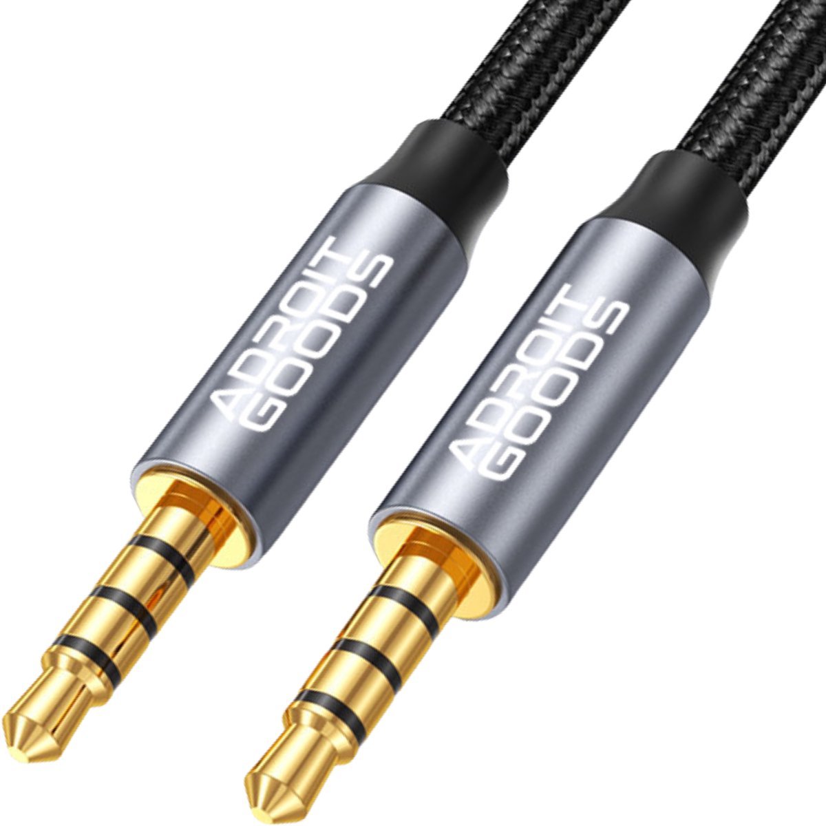 twee metalen 3,5 mm audiokabels met goudkleurige connectoren en gevlochten omhulsel