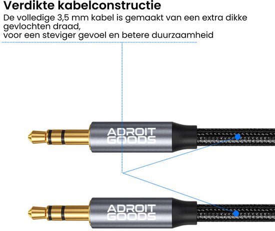 Twee zwarte AdroitGoods audiokabels met goudkleurige 3,5 mm connectoren en gevlochten mantel