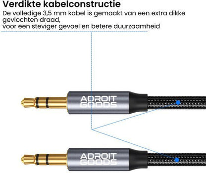 Twee zwarte AdroitGoods audiokabels met goudkleurige 3,5 mm connectoren en gevlochten mantel