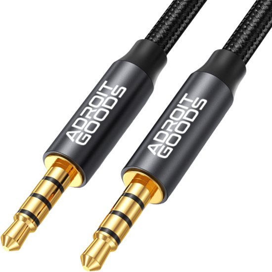 twee zwarte AdroitGoods audiokabels met goudkleurige 3,5 mm stereo pluggen en gevlochten buitenkant