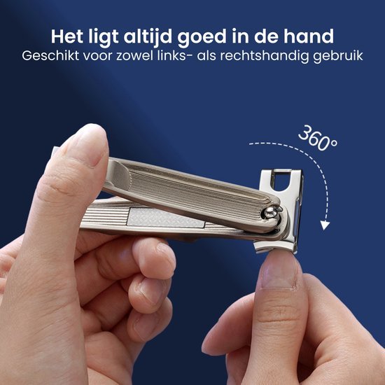 Hand die een roestvrijstalen nagelknipper vasthoudt met 360 graden draaibare kop op blauwe achtergrond