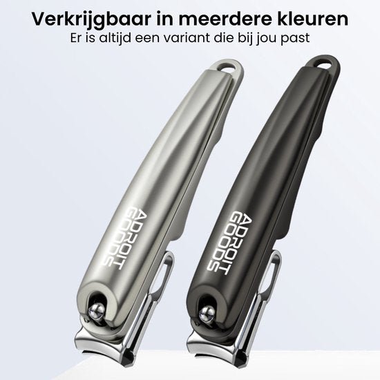 Twee nagelknippers in zwart en zilver met AdroitGoods logo, stijlvol en modern ontwerp.