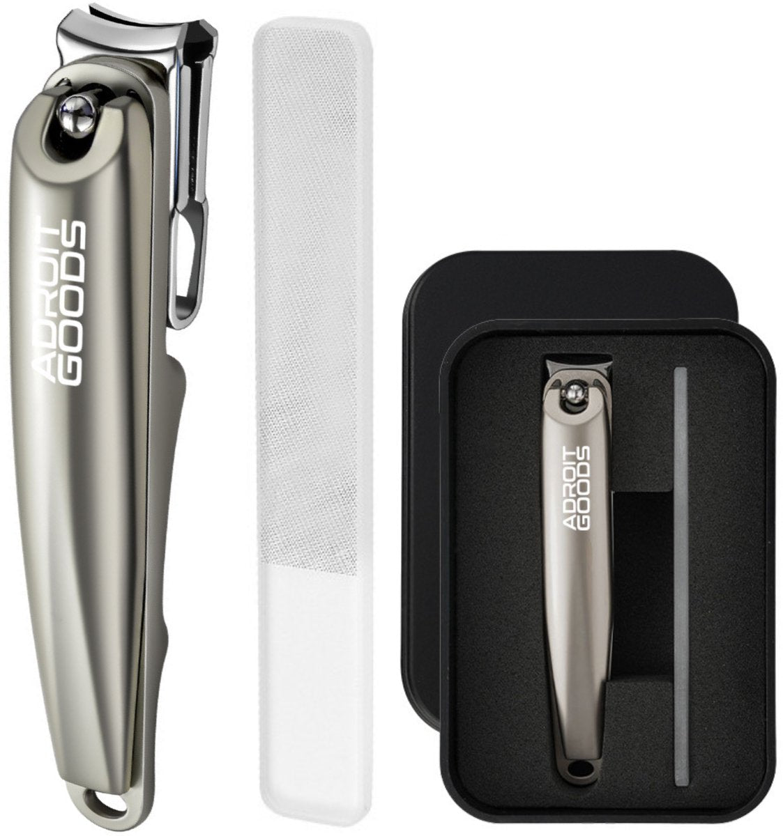 Chroomkleurige nagelknipper met vijl en zwarte bewaardoos, strak en modern design.