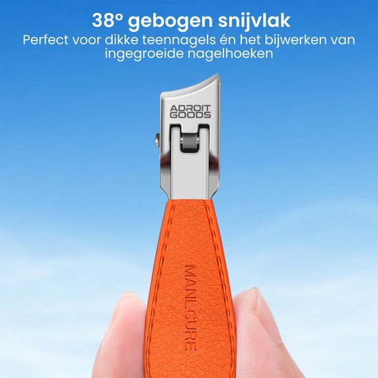 Nagelknipper met oranje handvat en gebogen snijvlak voor dikke teennagels.