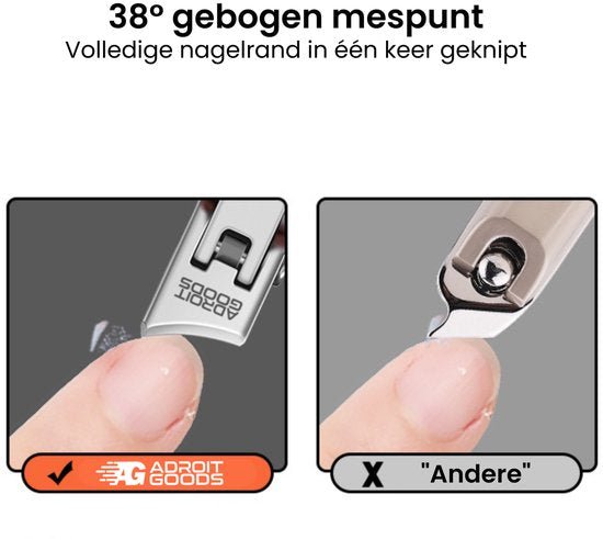 Close-up van nagelknipper die een nagel met precieze hoek netjes knipt.