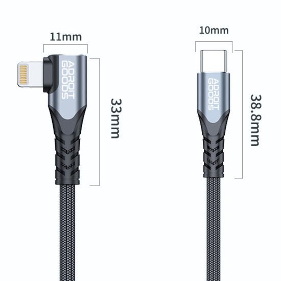 Zwarte AdroitGoods gevlochten kabel met rechte en haakse connectoren en afmetingen zichtbaar