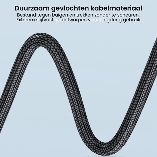 Duurzaam zwart gevlochten kabelmateriaal met hoge slijtvastheid en flexibiliteit tegen buigen en trekken.