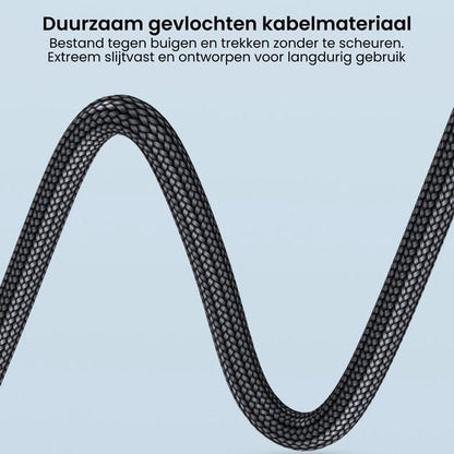 Duurzaam zwart gevlochten kabelmateriaal met hoge slijtvastheid en flexibiliteit tegen buigen en trekken.