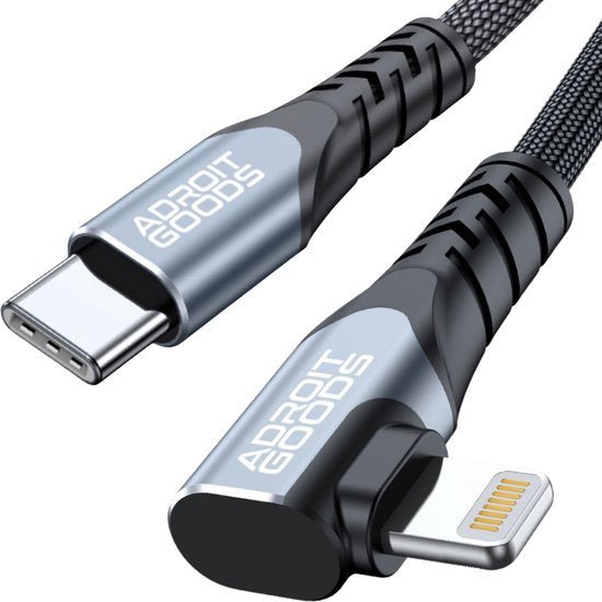 Draadloze oplaadkabel met USB-C en haakse connector, merk AdroitGoods, zwart en zilver