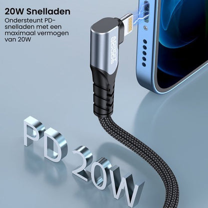 Lichtblauw apparaat verbonden met een zwarte oplaadkabel met 20W snellaadfunctie