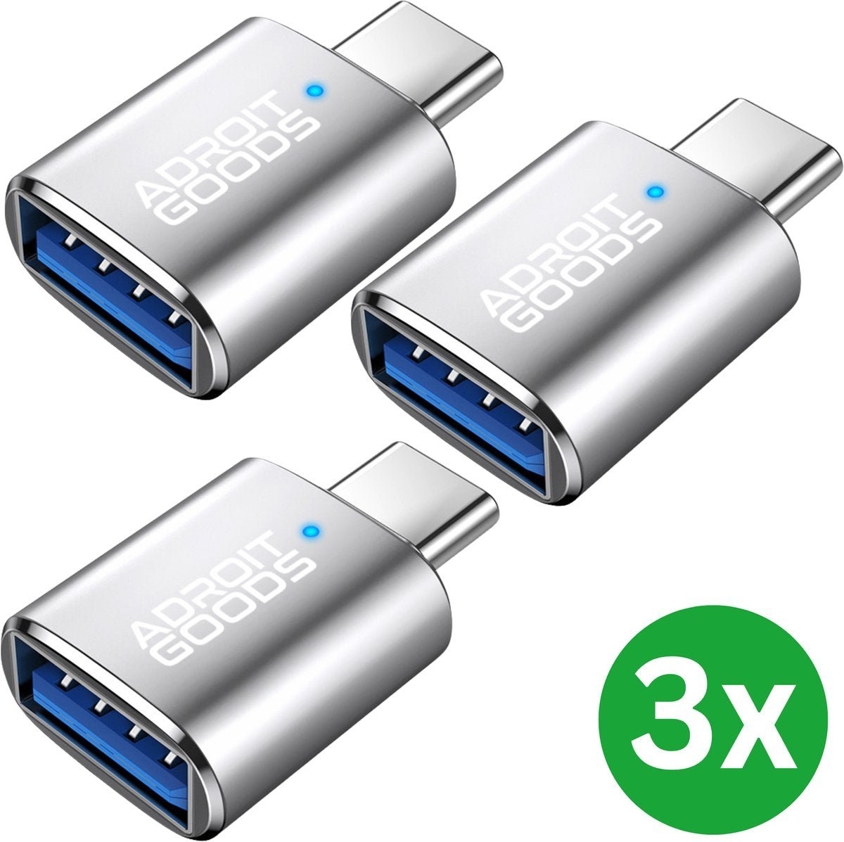 Drie zilveren USB-C naar USB 3.0 adapters met blauw interieur en merklogo AdroitGoods