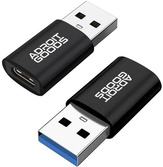 zwarte USB-adapter met AdroitGoods-logo, USB-A naar USB-C connector converter