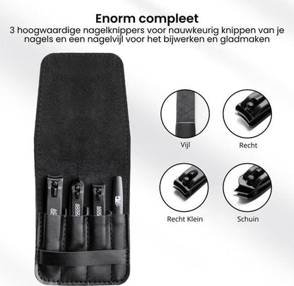 Set van zwarte nagelknippers en nagelvijl in opbergetui voor verzorging