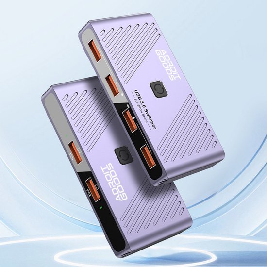 twee paarse usb 3.0 schakelaars met meerdere poorten en modern ontwerp