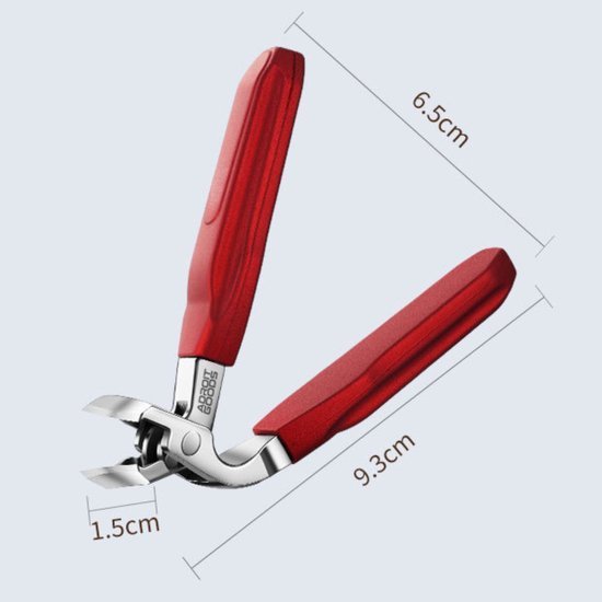 kleine tang met rode handgrepen en stalen bek, afmetingen 9,3 cm bij 6,5 cm bij 1,5 cm