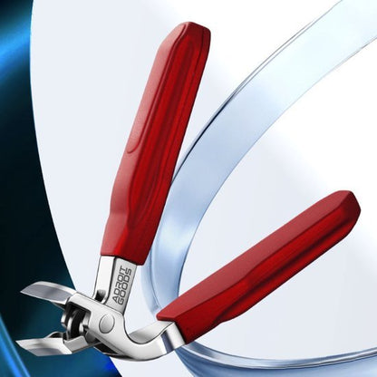 Rode handgreep kniptang met roestvrijstalen precisieblad op witte achtergrond