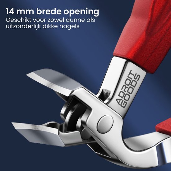 Close-up van een metalen tang met rood handvat en 14 mm brede opening voor dikke nagels