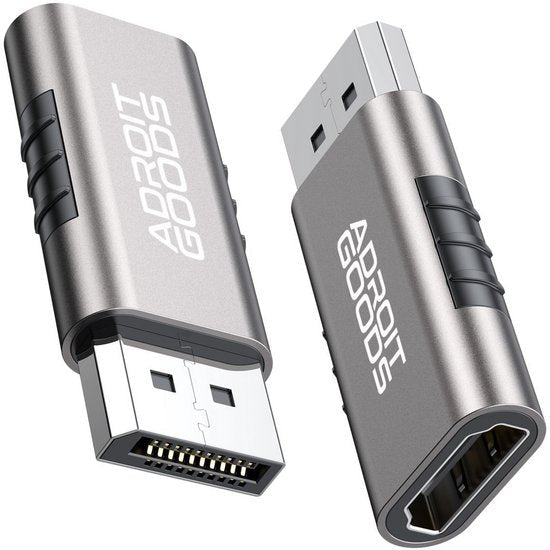 Twee zilverkleurige metalen USB-adapters met Adroit Goods-logo en zwarte gripruggen