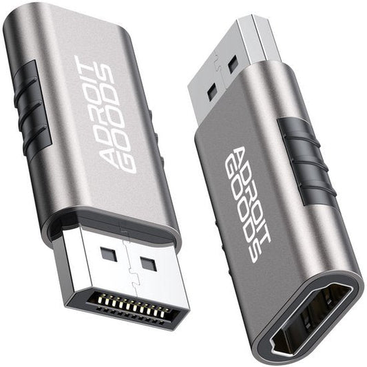 Twee zilverkleurige metalen USB-adapters met Adroit Goods-logo en zwarte gripruggen