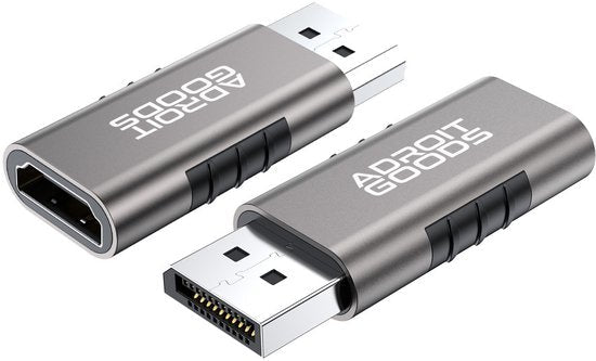 grijze metalen displayport naar hdmi adapter met AdroitGoods logo en zwarte gripdelen