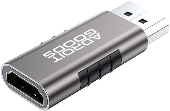 grijze usb-adapter met zwarte grip en witte opdruk adroit goods close-up detail