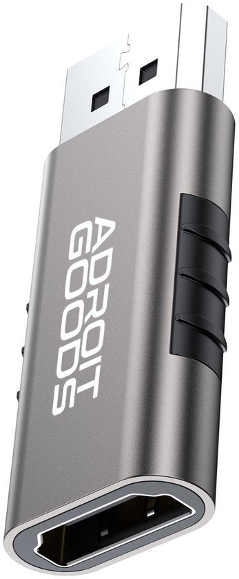 Grijze metalen USB-adapter met witte tekst en zwarte zijknoppen voor aansluiting en verbinding