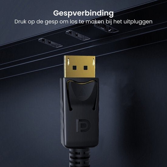 DisplayPort kabel met gouden connector en een zwarte klip voor veilige verbinding met een monitorpoort