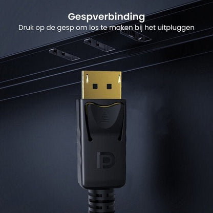 DisplayPort kabel met gouden connector en een zwarte klip voor veilige verbinding met een monitorpoort