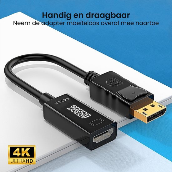 Zwarte compacte 4K Ultra HD adapter met DisplayPort aansluiting en draagbaar ontwerp