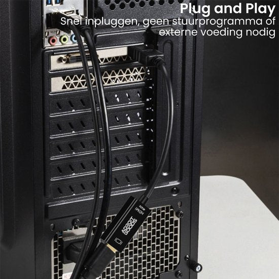 Aansluiting van kabels op achterkant van computerbehuizing met tekst plug and play uitleg.