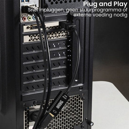 Aansluiting van kabels op achterkant van computerbehuizing met tekst plug and play uitleg.