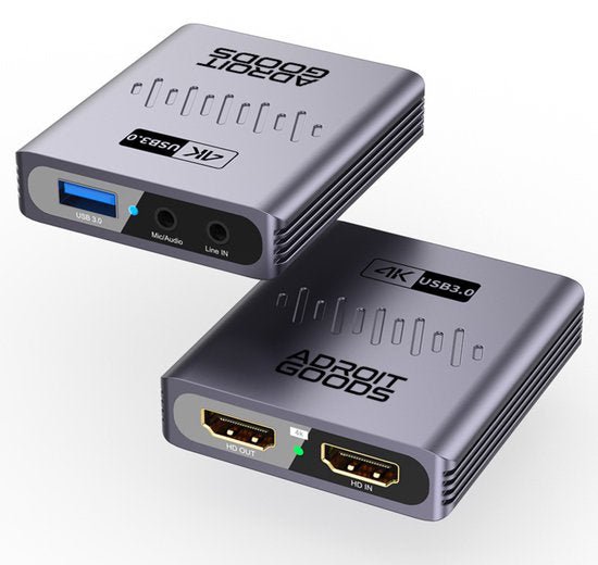 Twee compacte metalen apparaten met 4K USB 3.0 en audio-aansluitingen van AdroitGoods