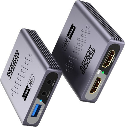 Compact grijze 4K USB 3.0 adapter met HDMI-ingang- en uitgangsaansluitingen