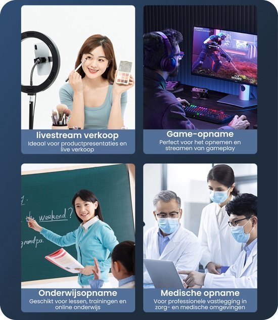 Vrouw die make-up livestreamt, gamer met headset, docente in klaslokaal, medische professionals met laptop