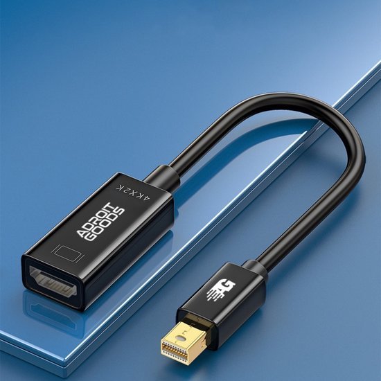 zwarte kabeladapter met mini displayport en vrouwelijke hdmi aansluiting op blauwe achtergrond