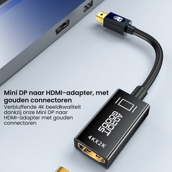Mini DP naar HDMI-adapter met een zwarte kabel en goudkleurige connectoren close-up