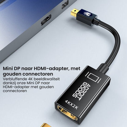 Mini DP naar HDMI-adapter met een zwarte kabel en goudkleurige connectoren close-up