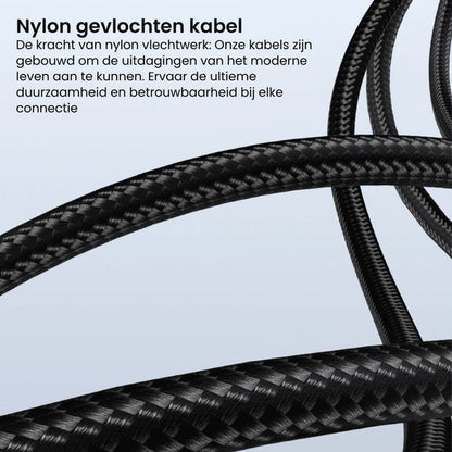 Dichtbij beeld van zwarte nylon gevlochten kabel met focus op duurzaamheid en betrouwbaarheid.