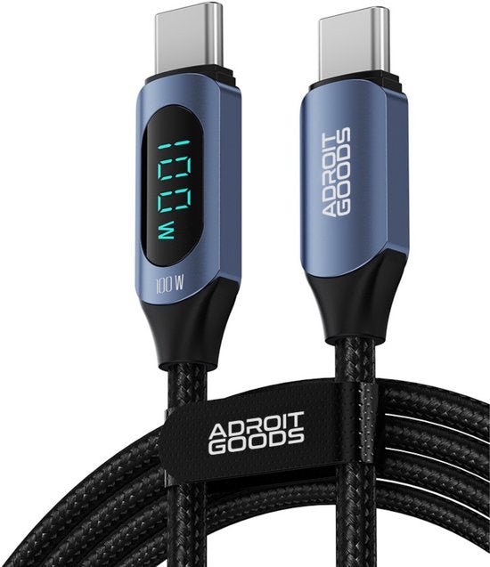 blauwe usb-c kabel met display en Adroit Goods merklogo, zwart gevlochten ontwerp