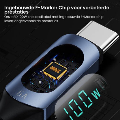 Close-up van een USB-C kabel met ingebouwde chip en digitaal display voor laadvermogen van 100 watt
