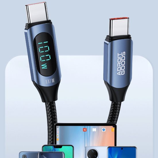 blauwe usb-c kabel met datadisplay en gevlochten beschermhoes voor snelle verbinding