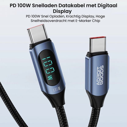 Blauwe 100W snelladen datakabel met digitaal display en gevlochten nylon omhulsel