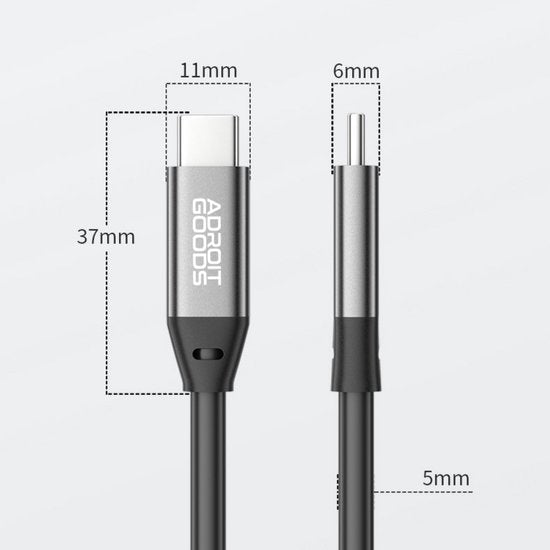 USB-C kabel met metalen connectoren met afmetingen naast een witte achtergrond